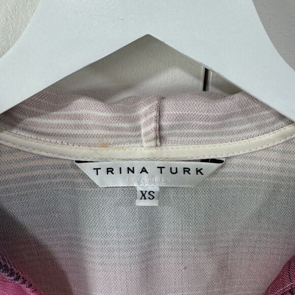 Trina Turk Striped Hoodie Top Kangaroo Pocket Roll Tab Beach Resort Oversized XS - Picture 8 of 14